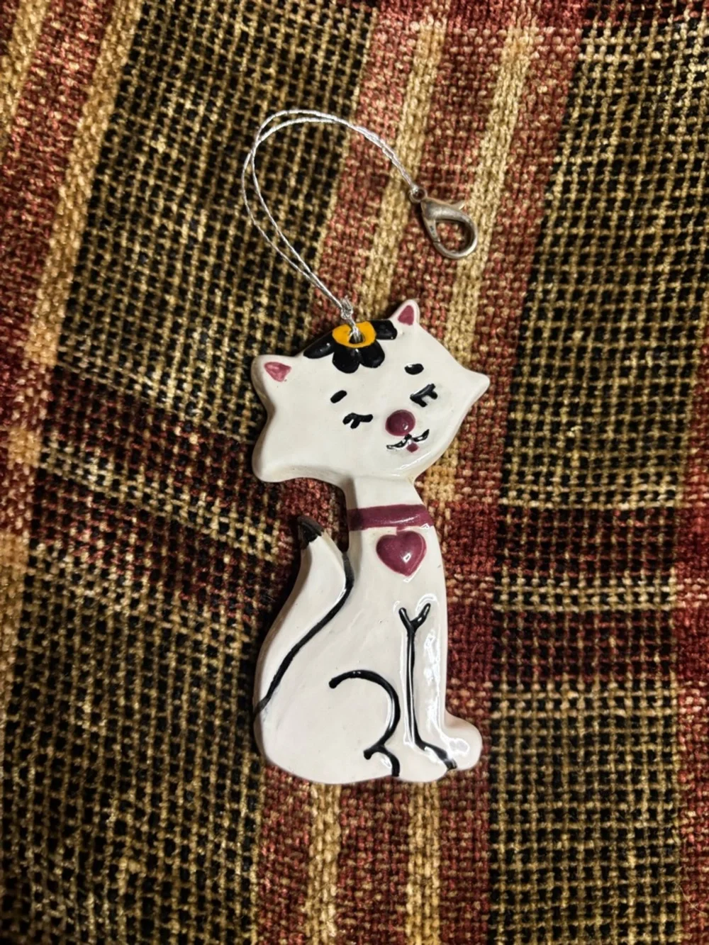 Vintage Ceramic White Cat Ornament with Pink Details - Pets Cat Decor